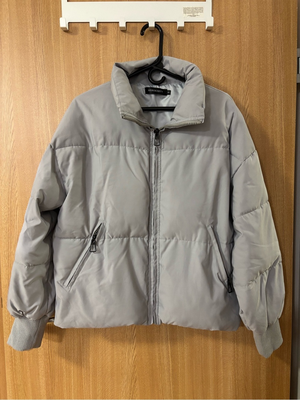 Light Gray Puffer Jacket with Zip Pockets